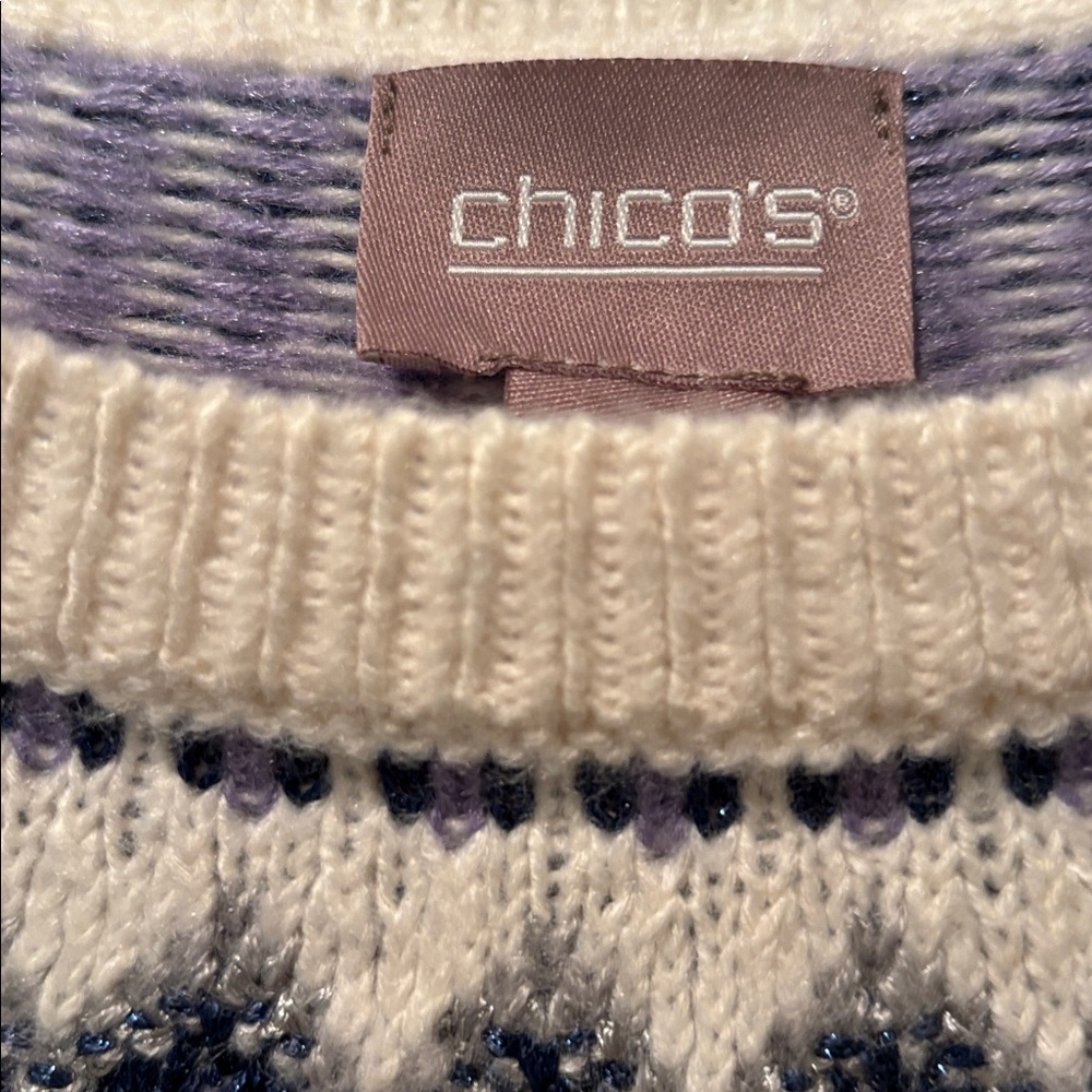 Chico's Ivory and Lavender Fair Isle Knit Sweater Size 1 (Small) - Picture 3 of 6